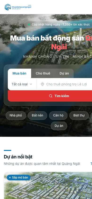 Mua Dat Quang Ngai home page on mobile